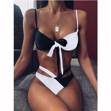 Load image into Gallery viewer, Women High Waist Bikini Swimsuit Swimwear Female Women Metal Ring Cross Bandage Bikini Set Swimsuit Two Piece Cutout Tie Back Bathing Suit Thong Bikini Set Bathing Suit Bather