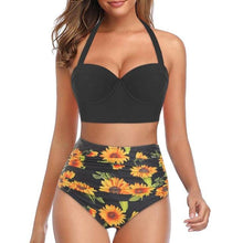 Load image into Gallery viewer, High Waist Bikini Leaf Print Swimsuit Women Push Up Swimwear Female Halter Bathing Suit Vintage Swimming Suit Women Vintage Underwire High Waist Swimsuit Two Pieces Halter Lace Up Adjustable Bikini Top