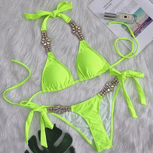 Load image into Gallery viewer, Luxury Purple Halter Crystal Diamond Bikini Female Swimsuit Women Swimwear Rhinestone Bikini Set Bathing Suit Women's Swimwear Rhinestone Halter Low Waist Tie Side Bikini Set 2 Pieces Crystal Diamond Swimsuit