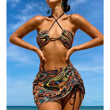 Load image into Gallery viewer, High Waist Mesh Skirt Swimsuit Triangle Micro Bikini Set 3-Piece High Cut Swimwear Women's Bikini Swimsuits With Wrap Skirt, 3 Pieces Strings High Cut Bikini Set Bathing Suits Women Vintage Print Bathing Suit