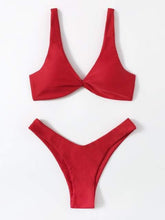 Load image into Gallery viewer, Solid Tie Bikini Padded Bra High Leg Bandage Push Up Bikini Set Brazilian Swimsuit Women Swimwear Rib Bikini Set High Cut Spaghetti Strap Two Piece Swimsuit Bathing Suit