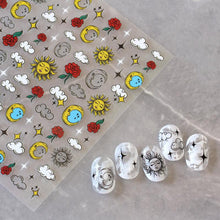 Load image into Gallery viewer, Yellow Smiles Sun Moon Clouds 3D Nail Stickers For Halloween Theme Slider Decals Nail Art Decorations Design 3D Self-Adhesive Nail Decorations Accessories Women Girls Manicure Decorations Nail Art Supplies Water Transfer Decals