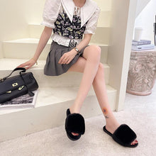 Load image into Gallery viewer, Fluffy Slippers Women Cozy Faux Fur Cross Indoor Floor Slides Flat Soft Furry Shoes Fluffy Furry Fur Slippers Flip Flop Open Toe Cozy House Memory Foam Sandals Slides Soft Flat Comfy Slippers