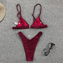 Load image into Gallery viewer, Women Swimsuit Triangle Micro Bikini Set Solid Swimwear Women's Swimsuit Halter Ribbed String Bathing Suit Bikini Set High Cut Swimming Bathing Suit Beachwear