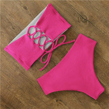 Load image into Gallery viewer, Bikini Swimwear Swimsuit Women Floral Print High Waist Bikini Set Back Cross Bathing Suit Female Beach Wear Women's Bikini Swimsuits Strapless Two Pieces Bathing Suits