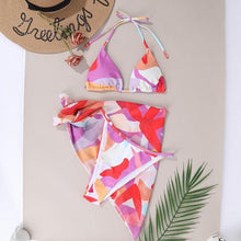 Load image into Gallery viewer, 3 Piece Women Bikini Modern Swimsuit Women High Cut Suit Halter Swimwear Women's Bikini Swimsuits With Wrap Skirt Lace Up Pieces Strings High Cut Bikini Set Bathing Suits Female Triangle Backless Bathing Suit