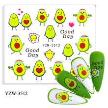 Load image into Gallery viewer, Avocado Fruit Transfer Nail Stickers Charms Winter Water Sticker For Nails Sliders Character Image Tattoo Decal Decoration Cute Summer Nail Art Stickers Summer Fruit Stickers on Nails Unicorn Banana Cherry Avocado Dog Strawberry Nail Art Decals
