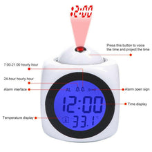 Load image into Gallery viewer, Digital Alarm Clock Projection Alarm Clock Wake Up Bedroom with Data and Temperature Display Talking Function LED Wall/Ceiling Projection Clock LCD Creative Projector Weather Temperature Desk Time Date Display Projection USB Charger Home Clock Timer