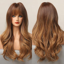 Load image into Gallery viewer, Long Dark Brown Synthetic Wigs for Women Silky Wavy Wig With Air Bangs Heat Resistant Fiber Cosplay Daily Party Replacement Wig Wigs For Black Women Cosplay Wigs For Women