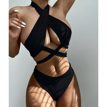Load image into Gallery viewer, Halter Hollow Cross Bikinis Set Swimsuit Women's New Solid Two-Piece Swimwear Two Piece Swimsuit Halter Crisscross Cut Out Bikini Wrap Top with High Waist Bottom Beach Swimwear Summer Beachwear Woman Bath Bathing Suit