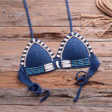 Load image into Gallery viewer, Vintage Blue Bikinis 2 Piece Halter Bikini Set Women High Waist Sequin Swimsuit Set Handmade Crochet High Quality Swimsuit Women Push Up Swimwear Knitted Beach Wear Bathing Suit