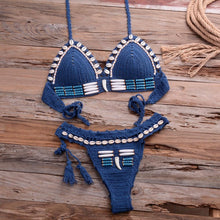Load image into Gallery viewer, Vintage Blue Bikinis 2 Piece Halter Bikini Set Women High Waist Sequin Swimsuit Set Handmade Crochet High Quality Swimsuit Women Push Up Swimwear Knitted Beach Wear Bathing Suit