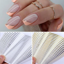 Load image into Gallery viewer, Black White 3D Nail Stickers Metal Gold Silver Geometric Tassel Strip Line Adhesive Transfer Decals Nail Art Design Gold Silver Metal Nail Sticker Metallic Curve Strip Line Nail Decal Self-Adhesive 3D Wave Design Nail Tips Decorations Manicure for Women