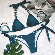 Load image into Gallery viewer, Shiny Diamond Bikini Push Up Halter Swimsuit Female Crystal Swimwear Women Bathing Suit New Women's Crystal Diamond Swimsuit High Cut Bikini Set Straps Two Piece Bathing Suit