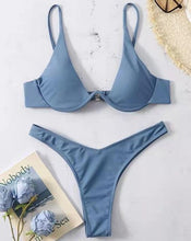 Load image into Gallery viewer, Neon V-bar Underwired Bikini Female Ribbed Swimsuit Women Swimwear Two-pieces Bikini set Push up Bathing Suit