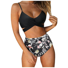 Load image into Gallery viewer, Modern Floral Bikini 2 Pieces Flower Print Bikini Set Women Crisscross High Waist String 2 Piece Bathing Suits High Waist Women's Swimsuit Shorts Solid Bikini Floral Summer Bikini Set