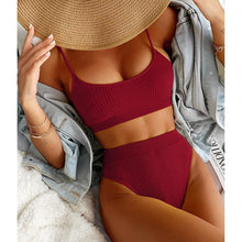 Load image into Gallery viewer, High Waist Bikinis Swimwear Women Push Up Swimsuits Solid High Waist Bikini Sets Sporty Two Pieces Swimsuit Scoop Neck Bathing Suits for Women Ribbed Bathing Suits High Cut Summer Beachwear