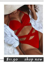 Load image into Gallery viewer, High Waist Bikinis Swimwear Women Push Up Swimsuits Solid High Waist Bikini Sets Sporty Two Pieces Swimsuit Scoop Neck Bathing Suits for Women Ribbed Bathing Suits High Cut Summer Beachwear
