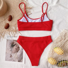 Load image into Gallery viewer, High Waist Bikini Swimsuits Women Push Up Swimwear Ribbed Bathing Suit Strap Bikinis Set Beachwear High Waist Bathing Suit Full Coverage Two Piece Swimsuit