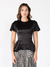 Load image into Gallery viewer, Puffed Sleeve Ruffle Bottom Crew Neck Top