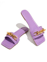 Load image into Gallery viewer, Purple Women's Slippers Summer Gold Chain Luxury Square Head Flat Heel Outdoor Beach Women Slides Sandals Leather Flat Sandals Strap Slides With Chain Open Toe Summer Slippers