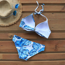 Load image into Gallery viewer, Push Up Women Bikinis Swimwear Women's Bathing Suits Push Up Halter Bandage Bikini Floral Printing Swim Bottoms Two Piece Swimsuits Women Swimsuits Bathing Suit Halter Leaf Print Beach Wear Plus Size