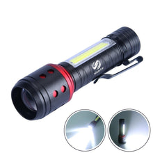 Load image into Gallery viewer, Rechargeable Adjustable LED Flashlight with Worklight Mini LED 4 Lighting Modes Flashlight with Water-Resistant COB Side Light Portable Zoomable High Lumens Lamp For Camping Hiking