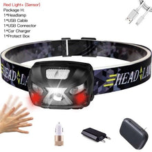 Load image into Gallery viewer, Rechargeable Adjustable LED USB Headlight Powerfull Elastic High Lumens Headband Headlamp Motion Sensor Flashlight For Adults Kids Running Camping Hiking Camping