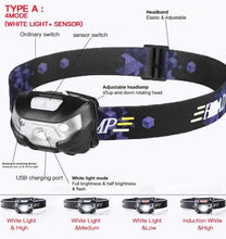 Load image into Gallery viewer, Rechargeable Adjustable LED USB Headlight Powerfull Elastic High Lumens Headband Headlamp Motion Sensor Flashlight For Adults Kids Running Camping Hiking Camping