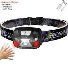 Load image into Gallery viewer, Rechargeable Adjustable LED USB Headlight Powerfull Elastic High Lumens Headband Headlamp Motion Sensor Flashlight For Adults Kids Running Camping Hiking Camping