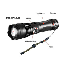 Load image into Gallery viewer, Rechargeable LED Flashlights High Lumens Waterproof Zoomable Super Bright Tactical Flashlight Powerful USB LED CREE Flashlight Hand Lamp For Hiking Camping Household Outdoor Sport