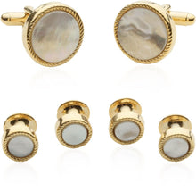 Load image into Gallery viewer, Men's Ribbed Mother of Pearl Gold Tuxedo Cufflinks & Studs