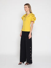 Load image into Gallery viewer, Ruffled neck & sleeve brooch detail solid top