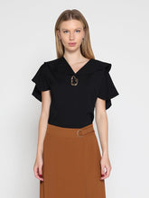Load image into Gallery viewer, Ruffled neck & sleeve brooch detail solid top