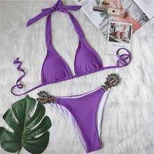 Load image into Gallery viewer, Shiny Diamond Bikini Push Up Halter Swimsuit Female Crystal Swimwear Women Bathing Suit New Women's Crystal Diamond Swimsuit High Cut Bikini Set Straps Two Piece Bathing Suit