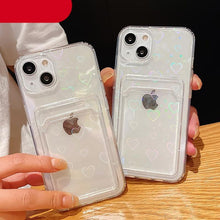 Load image into Gallery viewer, Shiny Holographic Heart Phone Case For iPhone 14 13 Pro Max 11 12 XR 6 7 8 Plus XS X SE 2 Clear Wallet Card Holder Storage Cover Love Heart Pattern Cute Case with Card Holder Soft Cover for iPhone Transparent Phone Case