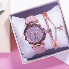 Load image into Gallery viewer, Shiny Luxury Student Watch Womens Star Quartz Watch Fashion Casual Womens Watch Bracelet Set Dial Woman Children Set Bracelet Watch Leather Band Luxury Quartz Watches