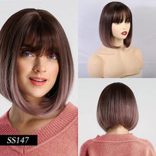 Load image into Gallery viewer, Short Straight Synthetic Brown Mix Gray Hair Cute Bob Wigs with Bangs for White/Black Women Cosplay Party or Daily Wear Wigs For Black Women Cosplay Wigs For Women