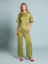Load image into Gallery viewer, Side Twist Knot Mock Neck Puff Sleeve Satin Top