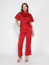 Load image into Gallery viewer, Side Twist Knot Mock Neck Puff Sleeve Satin Top