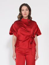 Load image into Gallery viewer, Side Twist Knot Mock Neck Puff Sleeve Satin Top