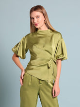 Load image into Gallery viewer, Side Twist Knot Mock Neck Puff Sleeve Satin Top