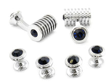 Load image into Gallery viewer, Men's Silver Blue Swarovski Barrel Cufflinks and Studs