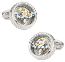 Load image into Gallery viewer, Silver Tourbillon Carbon Fiber Watch Cufflinks Working Steampunk