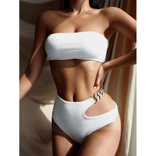 Load image into Gallery viewer, Solid Bikini High Waist Swimwear Female Chain Swimsuit Women 2 Pieces Set Sports Bathing Suit Women's Bikini Set Two Piece Smocked Swimsuits Ruffle Off Shoulder Bathing Suit With High Waist Bottoms