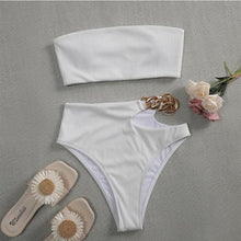 Load image into Gallery viewer, Solid Bikini High Waist Swimwear Female Chain Swimsuit Women 2 Pieces Set Sports Bathing Suit Women's Bikini Set Two Piece Smocked Swimsuits Ruffle Off Shoulder Bathing Suit With High Waist Bottoms
