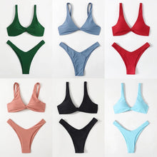 Load image into Gallery viewer, Solid Tie Bikini Padded Bra High Leg Bandage Push Up Bikini Set Brazilian Swimsuit Women Swimwear Rib Bikini Set High Cut Spaghetti Strap Two Piece Swimsuit Bathing Suit