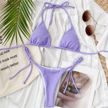 Load image into Gallery viewer, Solid Triangle Bikini Swimwear Women Bandage Backless Two Pieces Swimsuit Women Beachwear Set Women's Halter Triangle Bikini Thong Bottom Cheeky Two Piece Swimsuits