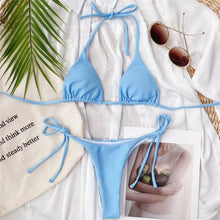 Load image into Gallery viewer, Solid Triangle Bikini Swimwear Women Bandage Backless Two Pieces Swimsuit Women Beachwear Set Women's Halter Triangle Bikini Thong Bottom Cheeky Two Piece Swimsuits