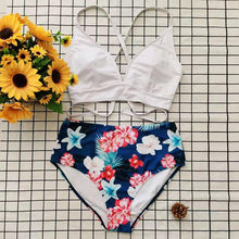 Load image into Gallery viewer, Striped Plus Size Women 2 Pieces Bikini Women's Plus Size Bathing Suits Two Piece High Cut Bikini Sets Waist Swimsuits Swimwear Large Size Swimsuit Off Shoulder High Waist Bathing Suit High Cut Swimwear